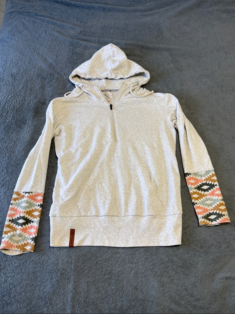 AMPERSAND AVE Light Gray Half-Zip Hoodie with Aztec Sleeve and Back Print
